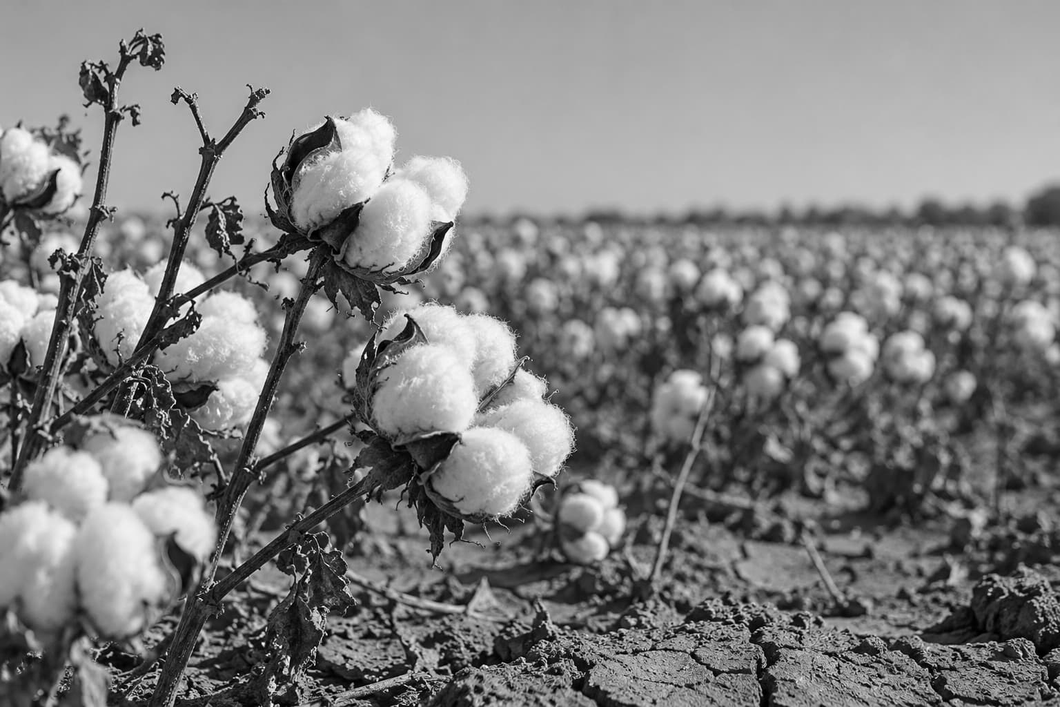 Open cotton bolls on dry stems in a field