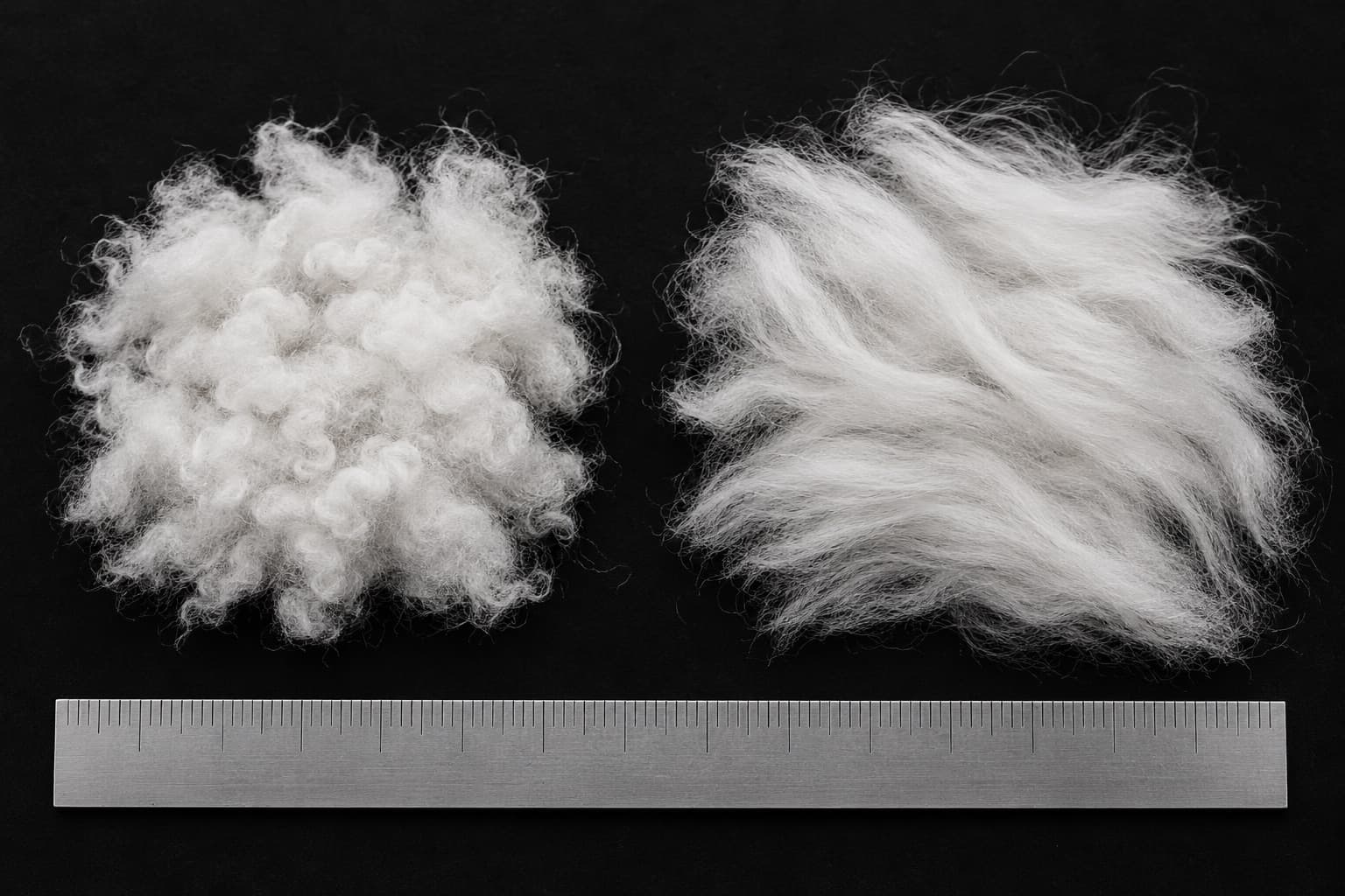 Two tufts of cotton on black above a steel ruler: short, crimped Upland on the left and long, straight Pima on the right