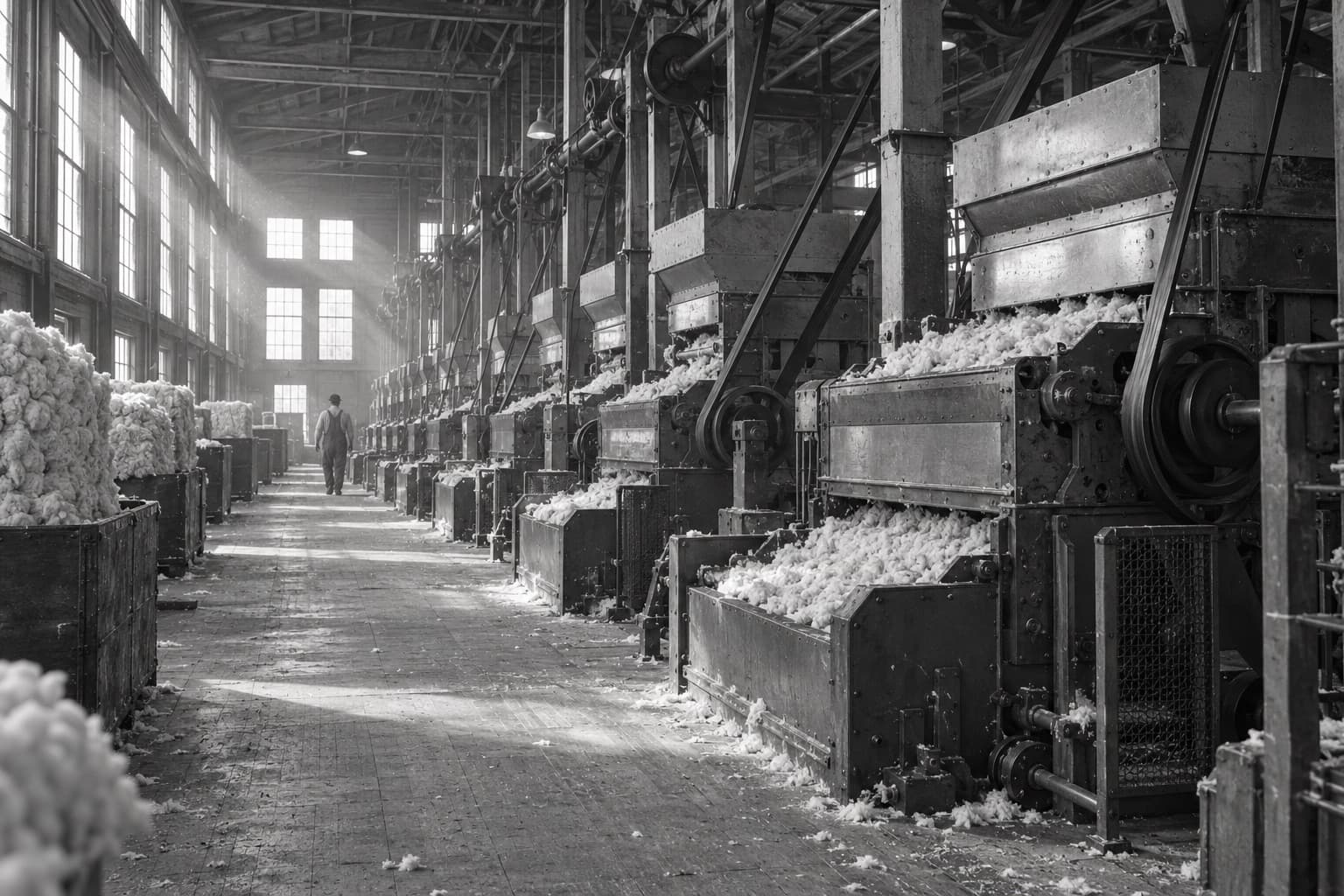 Cotton moving through a gin, lit by tall windows