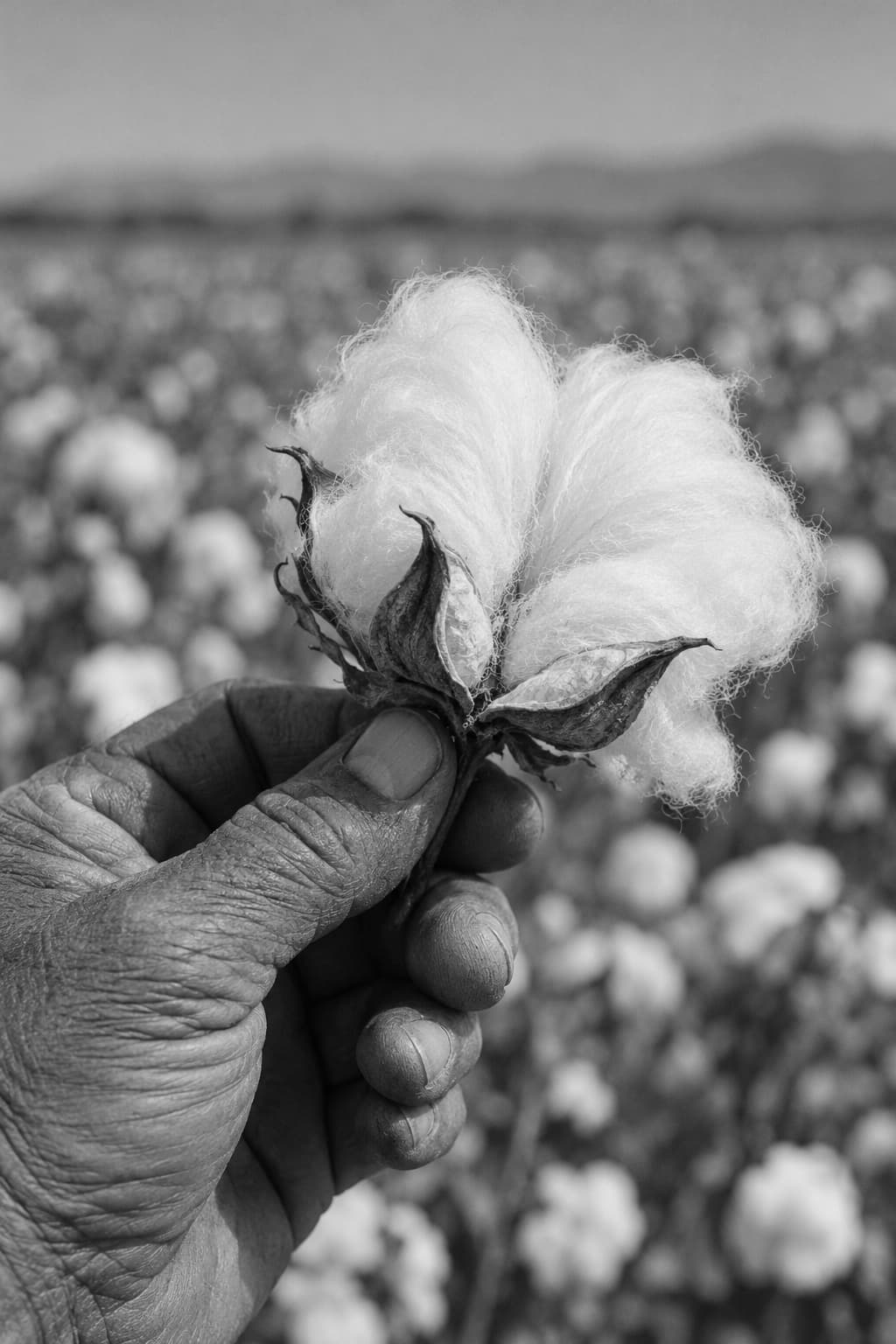 A weathered hand holding an open cotton boll
