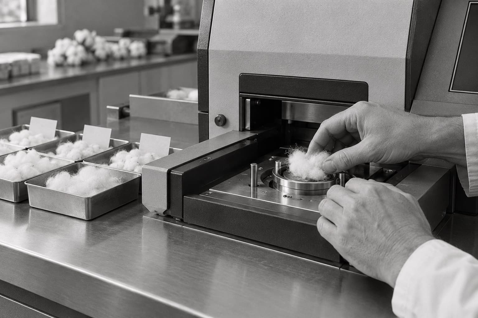 Hands placing a cotton sample in an HVI testing instrument